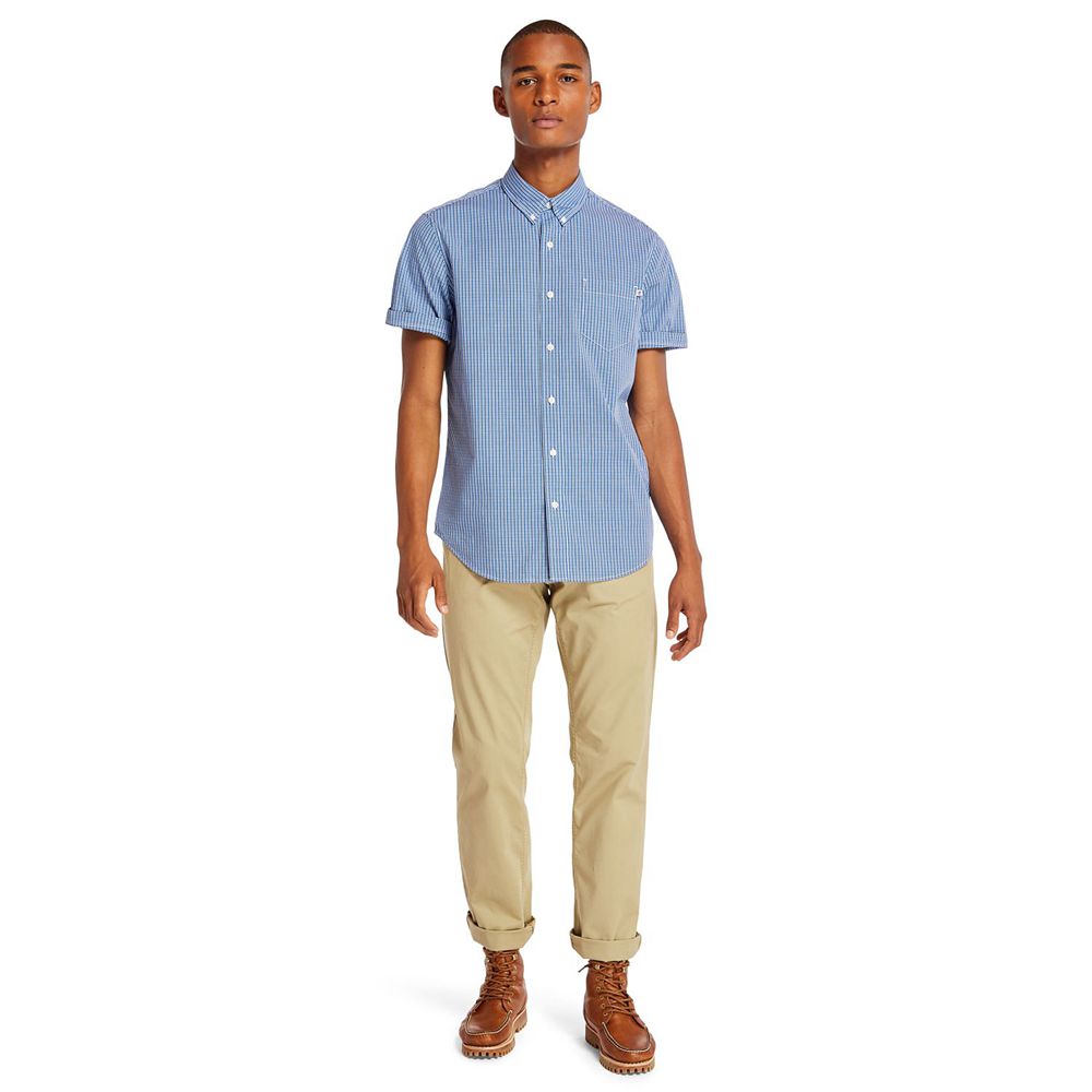Camisa Timberland Hombre Short-Sleeve Saco River Stretch Azules - Chile MWZ-102536